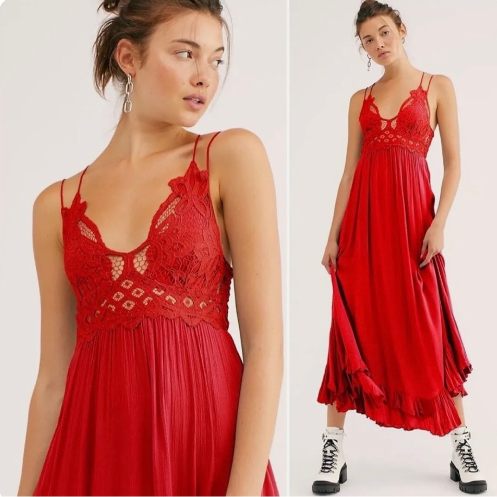 NWT XS Free People Adella Red Maxi Slip Dress